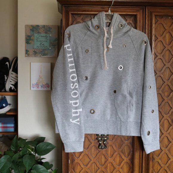 Anthropologie || Philosophy Heather Gray Grommet Crop Sweatshirt Hoodie - Size L - Picture 2 of 16